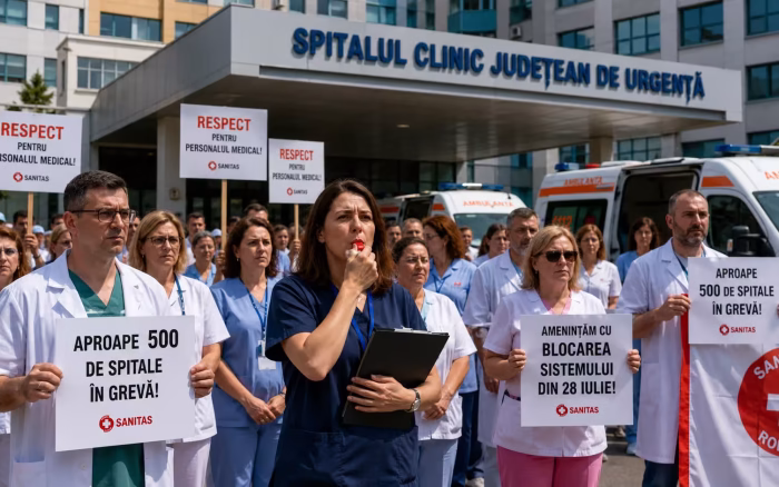 Aproape 500 de spitale, în grevă. Sanitas amenință cu blocarea sistemului din 28 iulie