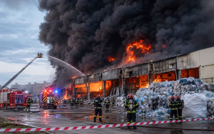 Incendiu pe 5.000 de metri pătrați la un depozit de mase plastice din Giurgiu
